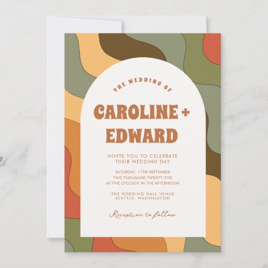 Retro Groovy Kleurrijke Wavy Boho Bruiloft QR Code Kaart (Voorkant)