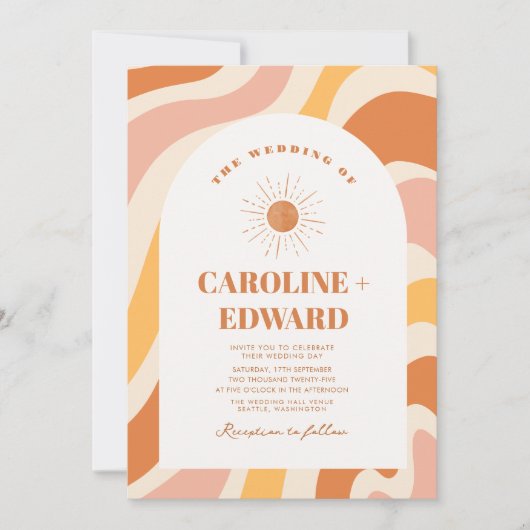 Retro Groovy Kleurrijke Wavy Boho Bruiloft QR Code Kaart (Voorkant)