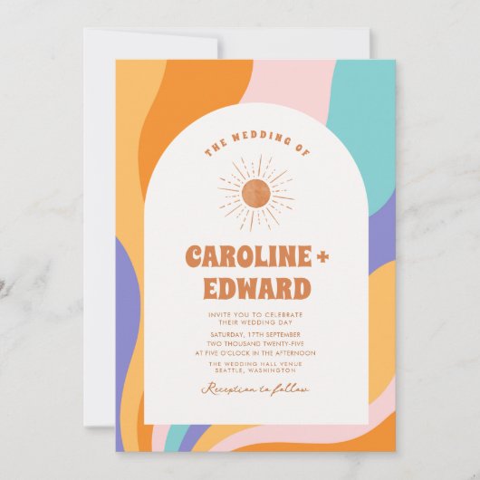 Retro Groovy Kleurrijke Wavy Boho Bruiloft QR Code Kaart (Voorkant)