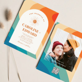 Retro Groovy Kleurrijke Wavy Boho Bruiloft QR Code Visitekaartje