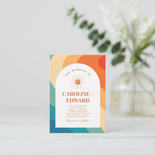 Retro Groovy Kleurrijke Wavy Boho Bruiloft QR Code Visitekaartje (Staand voorkant)