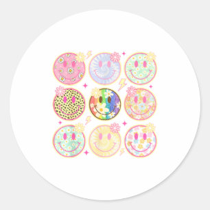 Retro Groovy Lachend Gezicht Bloem Gelukkig Gezich Ronde Sticker