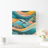 Retro Groovy Landschap Stijlvol Monogram Vierkante Klok (Huis)