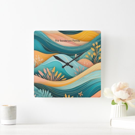 Retro Groovy Landschap Stijlvol Monogrammed Vierkante Klok (Huis)