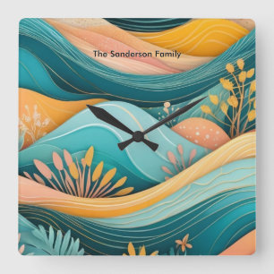 Retro Groovy Landschap Stijlvol Monogrammed Vierkante Klok