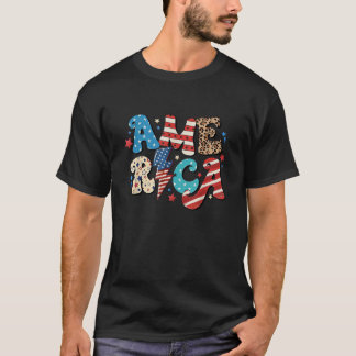  Retro Groovy Leopard Amerika Vlag 4e T-shirt
