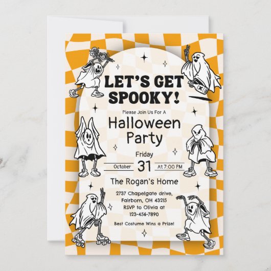 Retro Groovy Let's Get Spooky Halloween Party Inv Kaart (Voorkant)