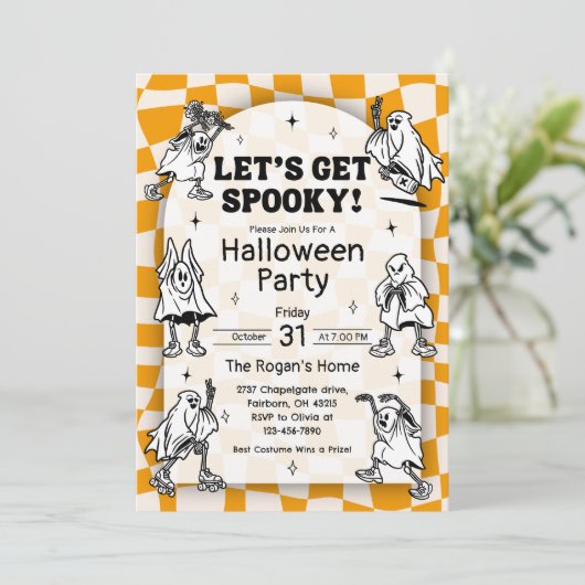 Retro Groovy Let's Get Spooky Halloween Party Inv Kaart (Staand voorkant)