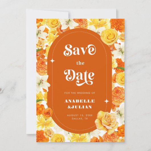 Retro Groovy Levendige Geel Sinaasappel Bloemen Br Kaart (Voorkant)