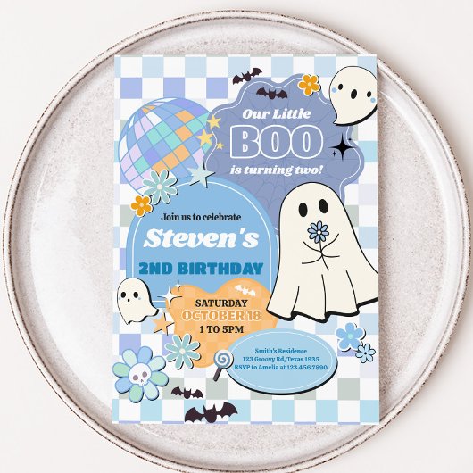 Retro Groovy Little Boo verjaardagsfeestje Kaart