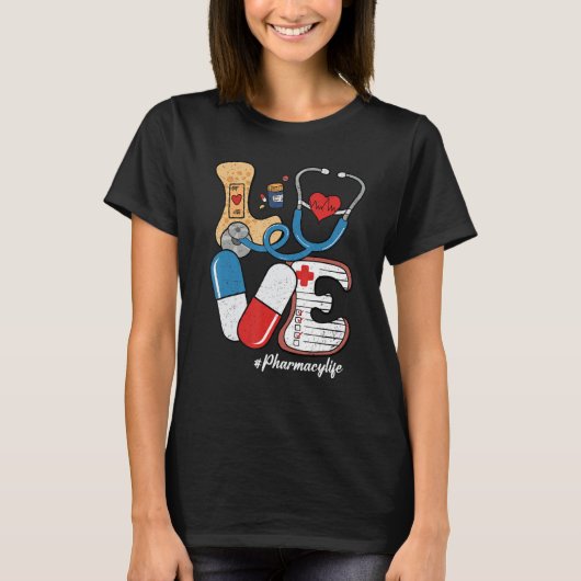 Retro Groovy LOVE Stethoscope Pill Pharmacy Life P T-shirt (Voorkant)