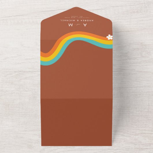 Retro Groovy Madeliefje Regenboog QR Code Hippie B All In One Uitnodiging (Buitenkant)