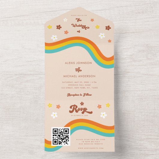 Retro Groovy Madeliefje Regenboog QR Code Hippie B All In One Uitnodiging (Binnen)