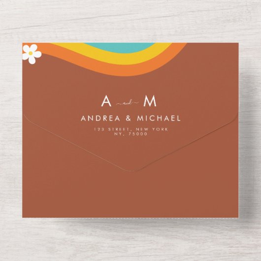 Retro Groovy Madeliefje Regenboog QR Code Hippie B All In One Uitnodiging (Achterkant)