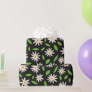 Retro Groovy Madeliefjes Patroon op Zwarte Verjaar Cadeaupapier