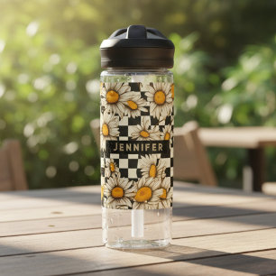 Retro Groovy Madeliefjes Schachbrett Motief Persoo Waterfles