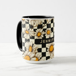 Retro Groovy Madeliefjes Schachbrett Naam Cadeau Mok