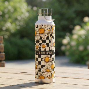 Retro Groovy Madeliefjes Schachbrett Patroon Perso Waterfles