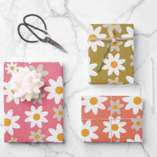 Retro Groovy Madeliefjespatroon Oranje Roze Groen Inpakpapier Vel