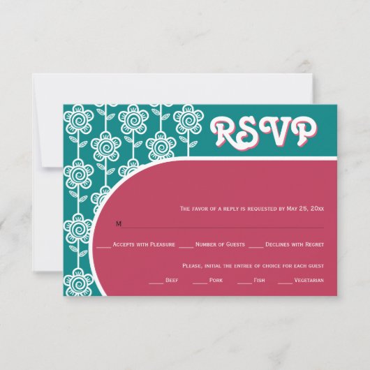 Retro groovy magenta en blauwgroen 70s bruiloft RS RSVP Kaartje (Voorkant)