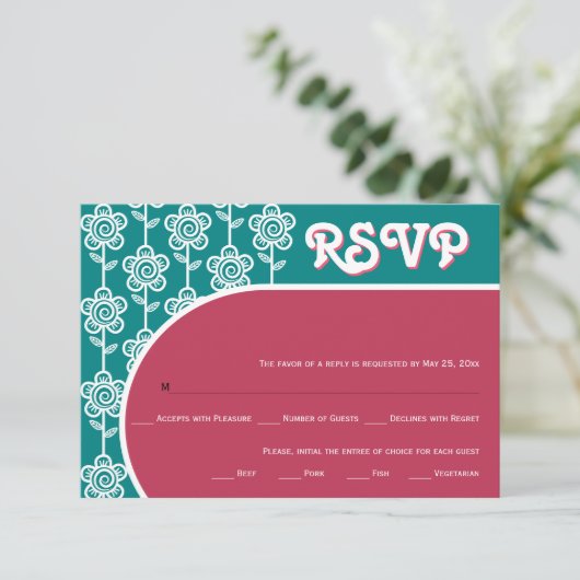 Retro groovy magenta en blauwgroen 70s bruiloft RS RSVP Kaartje (Staand voorkant)