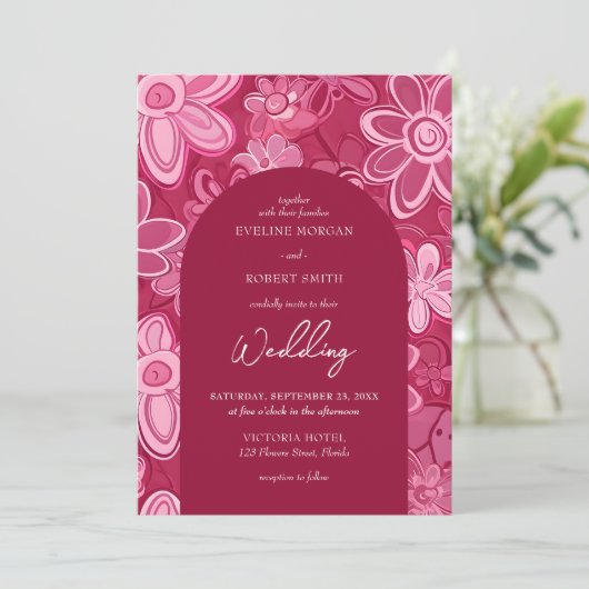 Retro groovy magenta roze bloemen boho arch kaart (Staand voorkant)