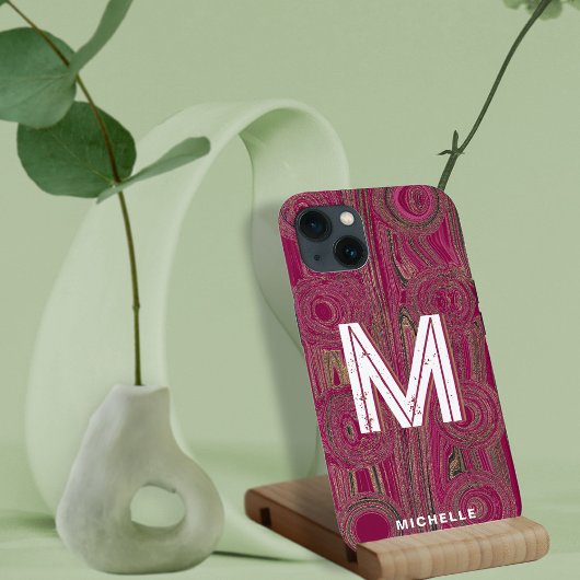 Retro Groovy Magenta Roze Goud Glitter Monogram Case-Mate iPhone Case