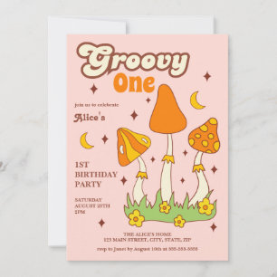 Retro Groovy Magic Hippie Mushroom 1e Verjaardag Kaart