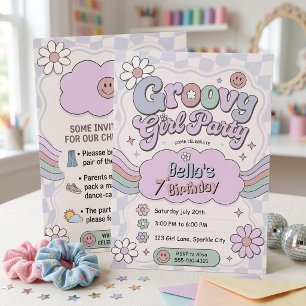 Retro Groovy Meisje Pastel Paars Roze 7e Verjaarda Kaart