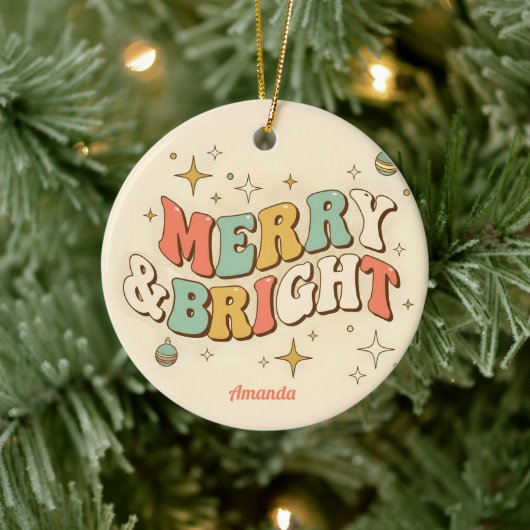 Retro Groovy Merry & Bright Christmas Keramisch Ornament (Boom)