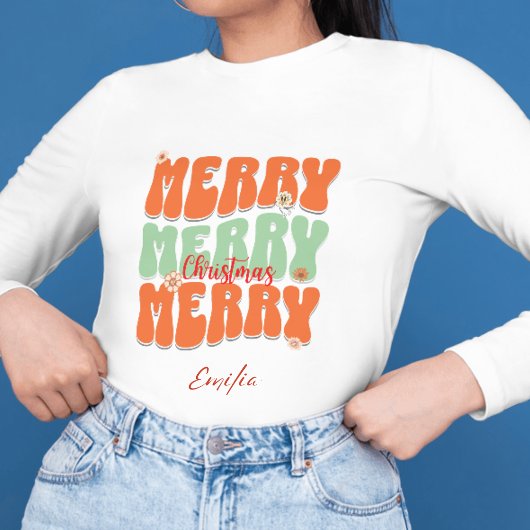 Retro Groovy Merry Christmas Script Oranje naam Trui