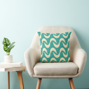 Retro Groovy Midden-Eeuws Teal en Crème Kussen