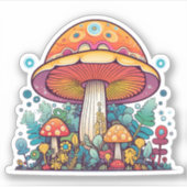 Retro Groovy Mushroom Sinaasappel Blauwgroen Sticker (Voorkant)