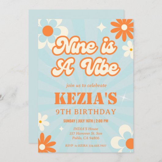 Retro Groovy Nine is een Vibe verjaardagsuitnodigi Kaart (Voorkant / Achterkant)