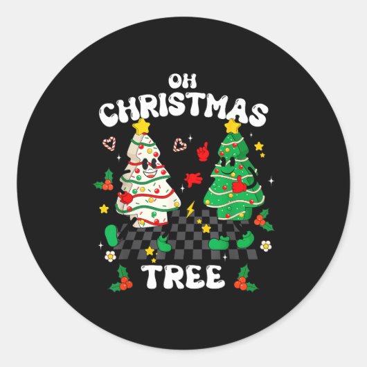 Retro Groovy Oh Christmas Tree Cake Pajamas Xmas K Ronde Sticker (Voorkant)