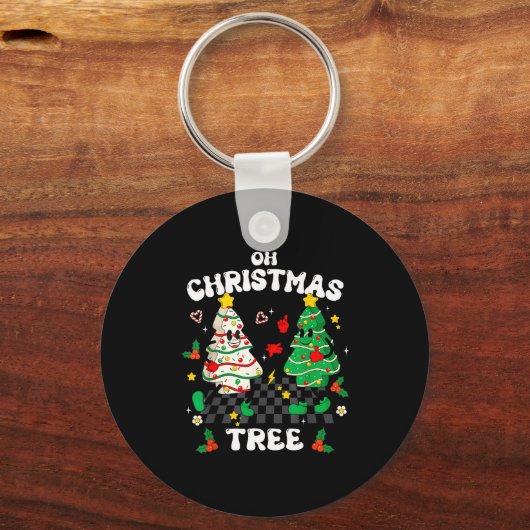 Retro Groovy Oh Christmas Tree Cake Pajamas Xmas K Sleutelhanger (Voorkant)
