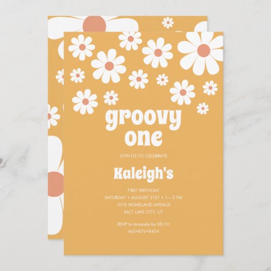Retro Groovy One 70's Style Birthday Uitnodiging (Voorkant / Achterkant)