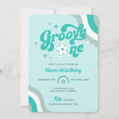 Retro Groovy One Boy 1st Birthday Uitnodiging (Voorkant)