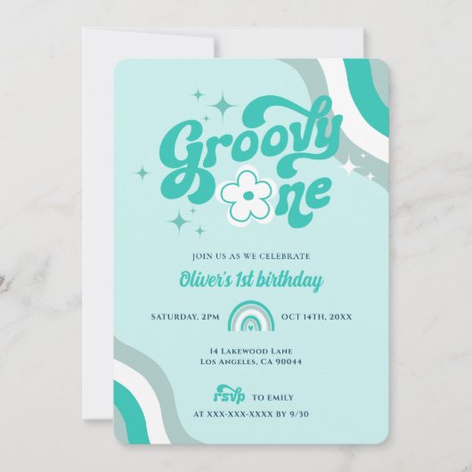 Retro Groovy One Boy 1st Birthday Uitnodiging (Voorkant)