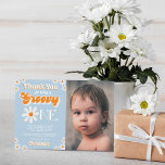Retro Groovy One Boys 1e Verjaardag Foto Bedankkaart<br><div class="desc">Zeg dank u in stijl met deze trendy 1st verjaardag dank u kaarten. De formulering van de sjabloon is gemakkelijk te personaliseren en je familie en vrienden zullen opgewonden zijn als ze deze fantastische dank ontvangen.</div>
