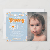 Retro Groovy One Boys 1e Verjaardag Foto Bedankkaart (Voorkant)