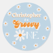 Retro Groovy One Boys 1e Verjaardag Ronde Sticker (Voorkant)