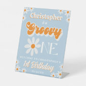 Retro Groovy One Boys 1e Verjaardag Welkom Reclamebord Met Voetstuk (Voorkant)