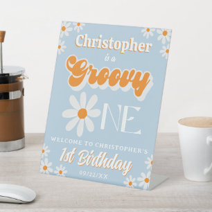 Retro Groovy One Boys 1e Verjaardag Welkom Reclamebord Met Voetstuk