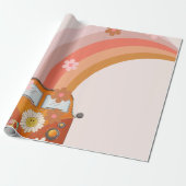 Retro Groovy One Daisy Flower Birthday Party Wrapp Cadeaupapier (Uitgerold)