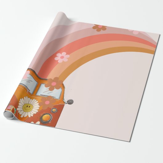 Retro Groovy One Daisy Flower Birthday Party Wrapp Cadeaupapier (Uitgerold)
