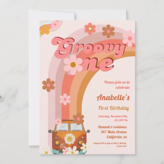 Retro Groovy One Daisy Flower Verjaardagsfeestje Kaart (Voorkant)