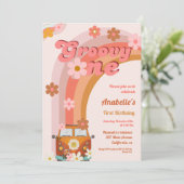 Retro Groovy One Daisy Flower Verjaardagsfeestje Kaart (Staand voorkant)