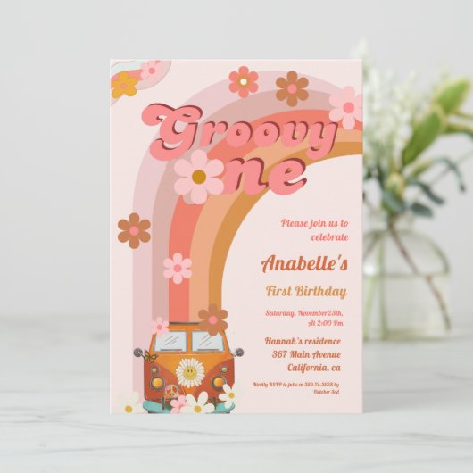 Retro Groovy One Daisy Flower Verjaardagsfeestje Kaart (Staand voorkant)