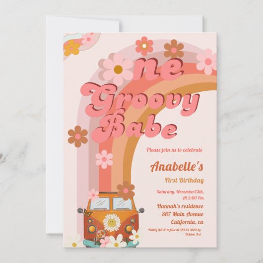 Retro Groovy One Daisy Flower Verjaardagsfeestje Kaart (Voorkant)